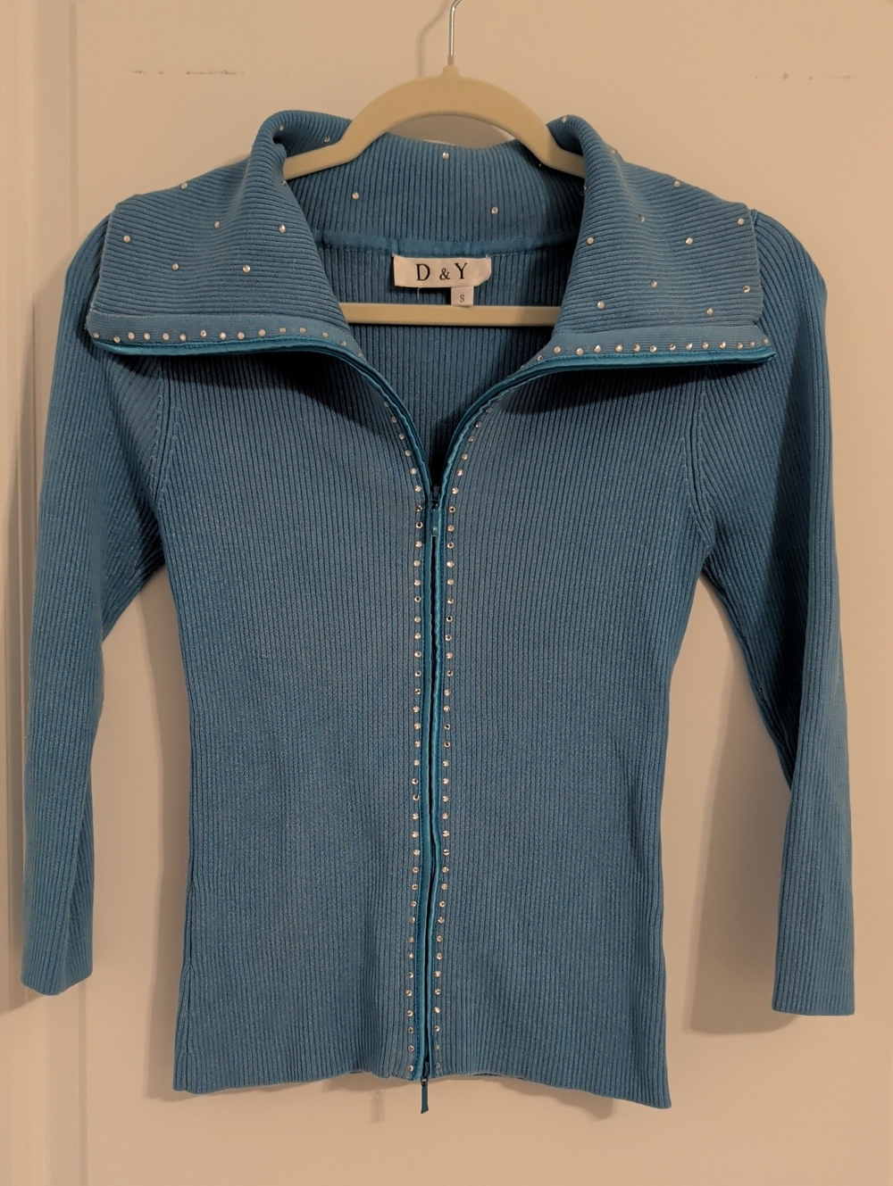 D&Y Sky Blue Ribbed Zip Sweater with Silver Studs